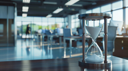 A stylish hourglass on a desk in a modern office, with sand flowing to signify the passage of time in a corporate setting.