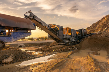 Heavy and mobile machinery in a quarry to transform stone into construction material