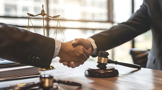 Lawyers Shaking Hands in Agreement, Gavel in Foreground