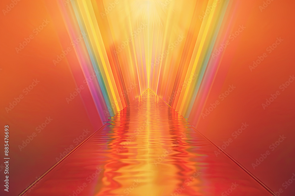 Poster orange gradient background with a channel in the center made of rainbows