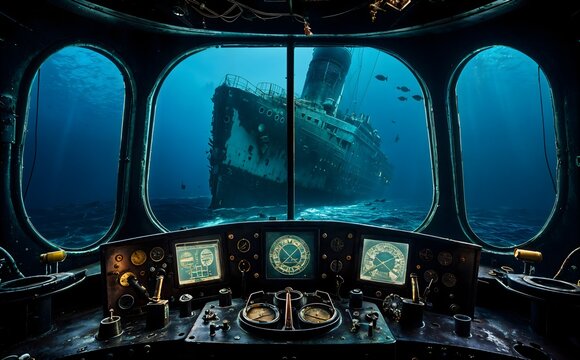 Fototapeta Sunken shipwreck seen from a submarine window