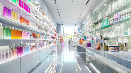 Obraz premium A modern and bright beauty store with rows of colorful cosmetic bottles neatly arranged on sleek, illuminated shelves.