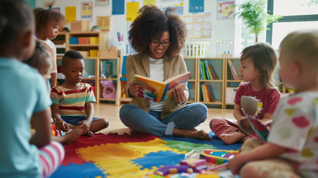 A cheerful teacher reads a storybook to a group of attentive preschoolers sitting in a circle on a colorful classroom carpet. - Powered by Adobe