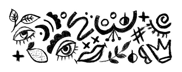  Collection organic grunge bold shapes, eyes, crown,lips, leaves, curved lines and dots. Geometric vector set in Memphis style.  Hand drawn geometric pattern.
