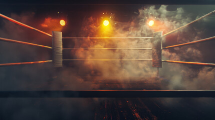 A dimly lit boxing ring surrounded by a misty atmosphere, exuding an intense and dramatic vibe.