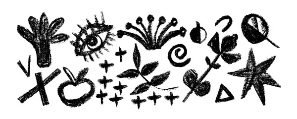   Collection organic grunge bold shapes, eye, star, triangle, curved lines and dots. Geometric vector set in Memphis style.  Hand drawn geometric pattern.
