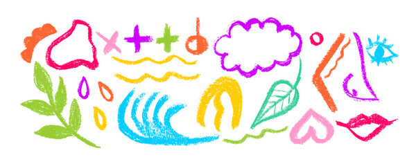  Collection organic grunge bold color shapes, eye, cloud, heart, leaves, lips, curved lines and dots. Geometric vector set in Memphis style.  Hand drawn geometric pattern.
