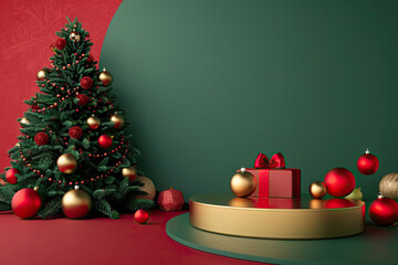 Red-green and gold tones, Christmas tree on the background, Christmas theme, gift