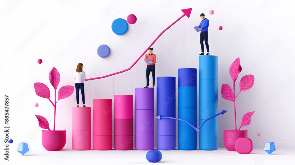 Aufkleber illustration of business growth with people analyzing data on colorful bar graphs and charts with pi