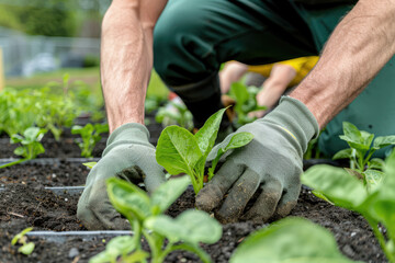 Fototapeta premium volunteers planting a variety of greenery, showcasing community involvement and sustainability efforts in a vibrant cityscape