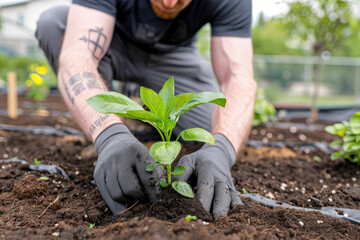 Fototapeta premium volunteers planting a variety of greenery, showcasing community involvement and sustainability efforts in a vibrant cityscape