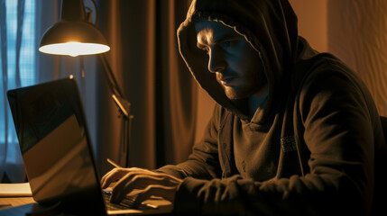 A man in a hooded jacket types intensely on a laptop, illuminated by a dim lamp, suggesting a late-night, focused work session.