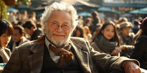 Fototapeta premium Older man in glasses smiling among a crowd