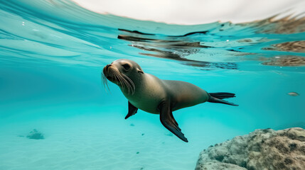 Fototapeta premium A sea lion swims gracefully underwater, its sleek body moving effortlessly through the water