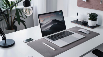 Modern minimalist workspace with a sleek laptop, a lamp, a smartphone, and a pencil on a white desk.