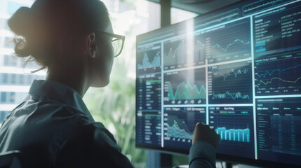 Obraz premium Immersed in virtual reality, a person explores a luminous digital realm, characterized by networking graph lines and vibrant lights, symbolizing tech innovation.