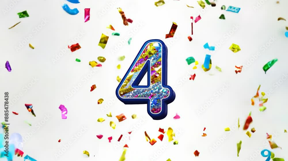Poster silver number 4 with sparkles on a background of multi-colored confetti and festive elements.