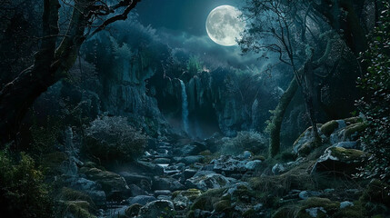 Obraz premium beautiful moonlight over the forest and waterfall