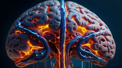 Realistic 4K Depiction of Two 3D Human Figures Examining and Touching an Illuminated Brain, Promoting Brain Health.