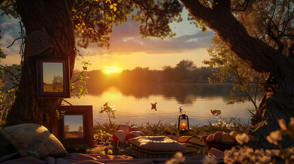 A family shares a serene moment as the sun sets behind the forest, casting a golden glow over the tranquil scene. Surrounded by towering trees and bathed in the warm, fading light, the family&rsquo;s photo.