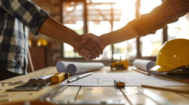 A handshake between a contractor and a homeowner after signing a renovation contract, with blueprints, tools, and a construction site visible through the office window. 