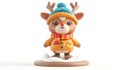 Obraz premium Cute cartoon reindeer wearing a winter hat and scarf, standing on snow.