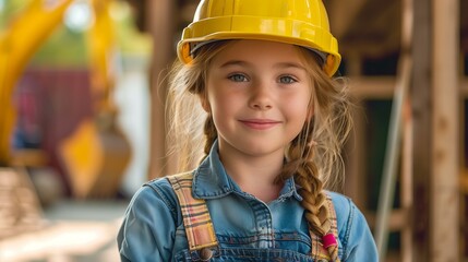 Cute Girl Dressed as a Construction Worker with Yellow Hard Hat, Smiling