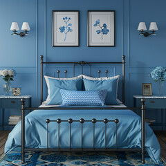  bohemian iron bed with blue pillows and bedside cabinets against blue wall with posters frames 