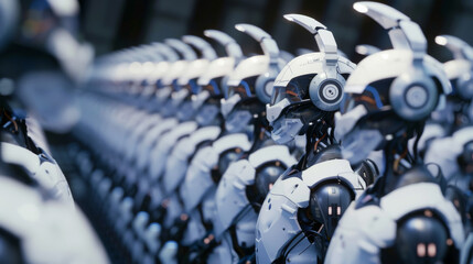 Fototapeta premium A futuristic army of humanoid robots lined up in perfect formation, representing advanced technology and a glimpse into a sci-fi future.