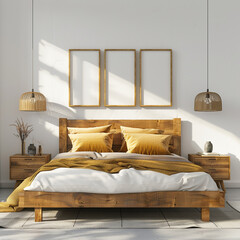  maximalist wooden bed with yellow pillows and bedside cabinets against white wall with posters frames 
