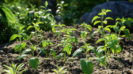 Obraz premium Vibrant green seedlings sprout in a well-tended garden bed, highlighting the promise and renewal of growth in nature.