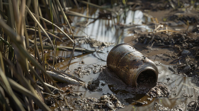 An old, rusty can lies discarded in a muddy, wetland area, partially submerged, surrounded by tall grass and murky water.
