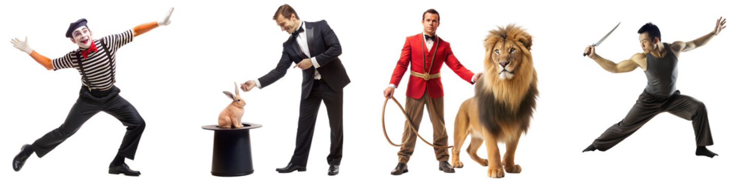 Circus Performers Including Mime Magician Lion Tamer and Acrobat
