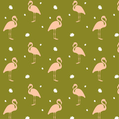 Summer seamless pattern with pink silhouettes flamingo with white leaves on green background for wallpapers, packaging, wrapping, notebooks, fabrics