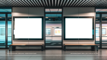 Fototapeta premium Modern subway platform with empty benches and blank billboards, showcasing a sleek design and an approaching train in motion.