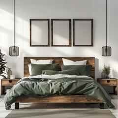  industrial wooden bed with green pillows and bedside cabinets against white wall with posters frames 