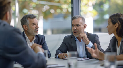 Business professionals engage in a lively discussion at a meeting table, framed by large windows and the soft, natural light of an office environment.