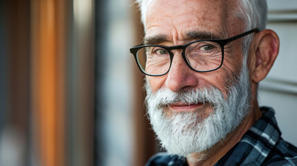 An elderly man with glasses and a white beard smiles softly outdoors, radiating wisdom and contentment in a serene setting.