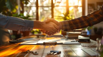 A handshake between a real estate agent and a client in a bright office, with a signed contract and house keys on the table, indicating the finalization of a property deal.