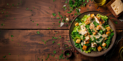 chicken caesar salad on rustic table