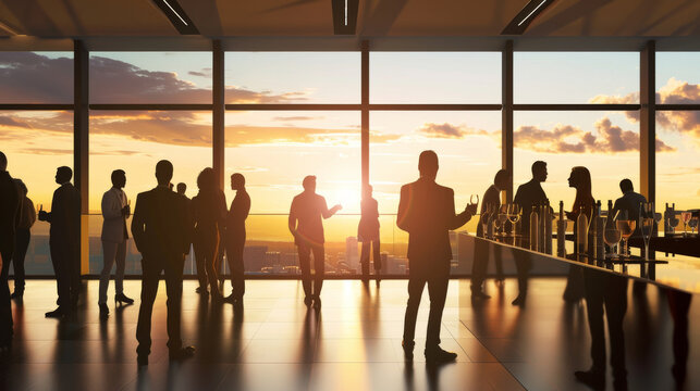 A vibrant scene of a social gathering in a contemporary building with glass walls, capturing dynamic interactions against a sunset backdrop.