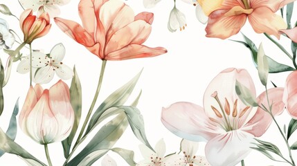 Fototapeta premium Watercolor Floral Pattern with Tulips and Lilies.