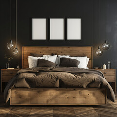  contemporary wooden bed with brown pillows and bedside cabinets against black wall with posters frames 