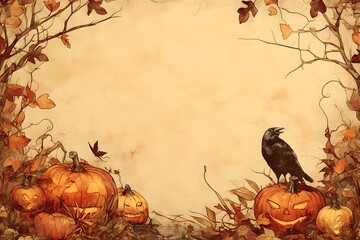 Frame of crows on pumpkin with autumn leaves. Jack-o-lantern. Halloween celebration concept. Vintage illustration for greeting card, invitation, design with copy space. Retro style postcard