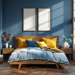  bohemian wooden bed with yellow pillows and bedside cabinets against blue wall with posters frames 