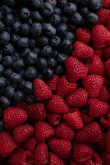 Blueberries and raspberries as a background. Top view.