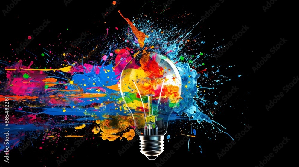 Poster creative light bulb exploding with colorful paint splashes on a black background - inspiring concept