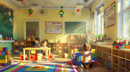 In a brightly lit kindergarten, children engage in various playful activities with colorful toys, fostering a joyful and educational environment.