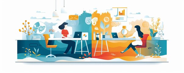 Innovative teamwork insights, flat design, side view, equipment theme, water color, Split-complementary color scheme