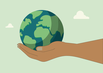 Hand Holding Earth Illustration. Sustainable Future. Environmental Conservation. Earth Day. Eco-friendly Concept. Hand holding earth globe illustration. Environmental vector.